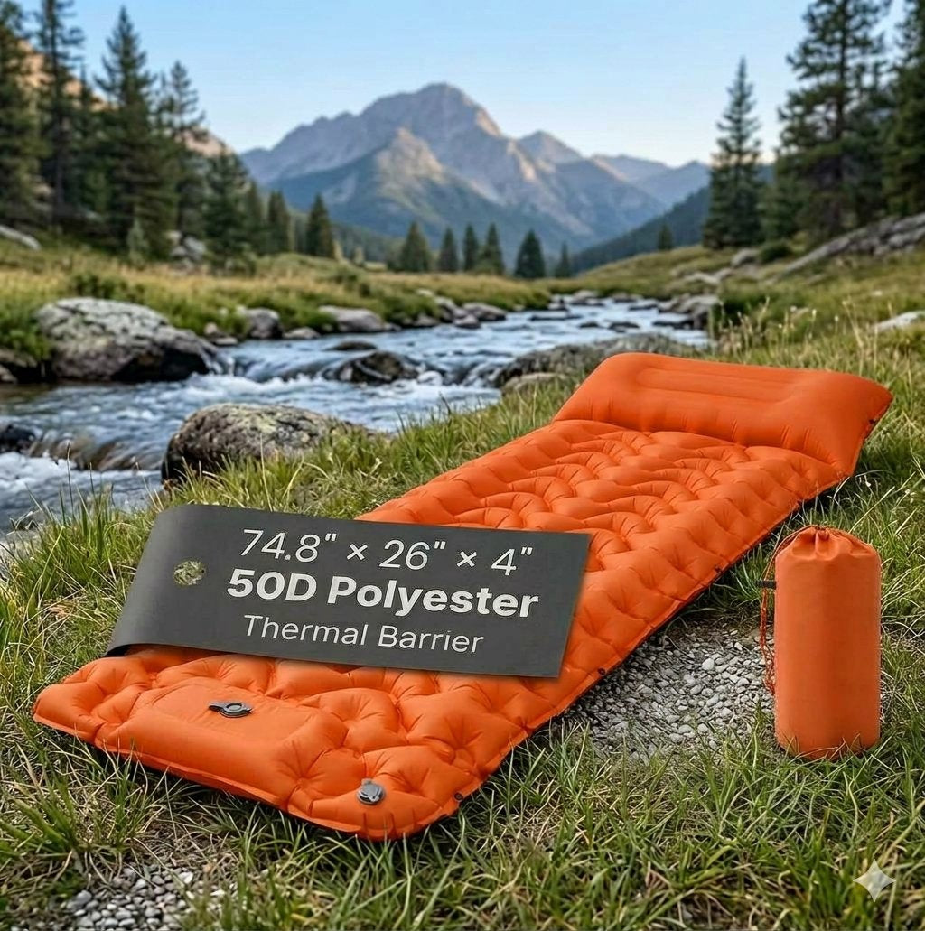 An orange inflatable camping sleeping pad laid out on grass beside a stream, with a mountain landscape in the background. A black label on the pad reads '74. big green bear biggreenbear.com