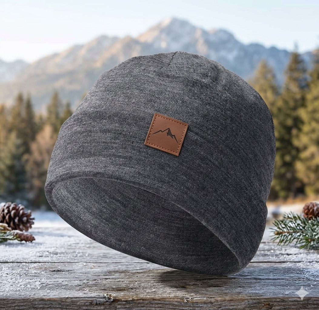 A dark gray heather knit beanie hat with a brown faux-leather patch featuring a mountain logo, resting on a rustic wooden surface with a blurred mountain and forest background. big green bear biggreenbear.com