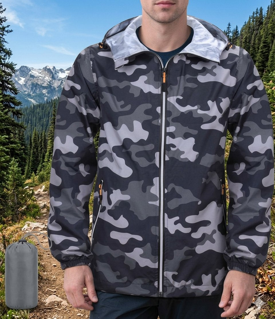 A man wearing a gray and black camouflage hooded jacket in an outdoor mountain setting, with a small gray bag shown at the lower left. big green bear biggreenbear.com