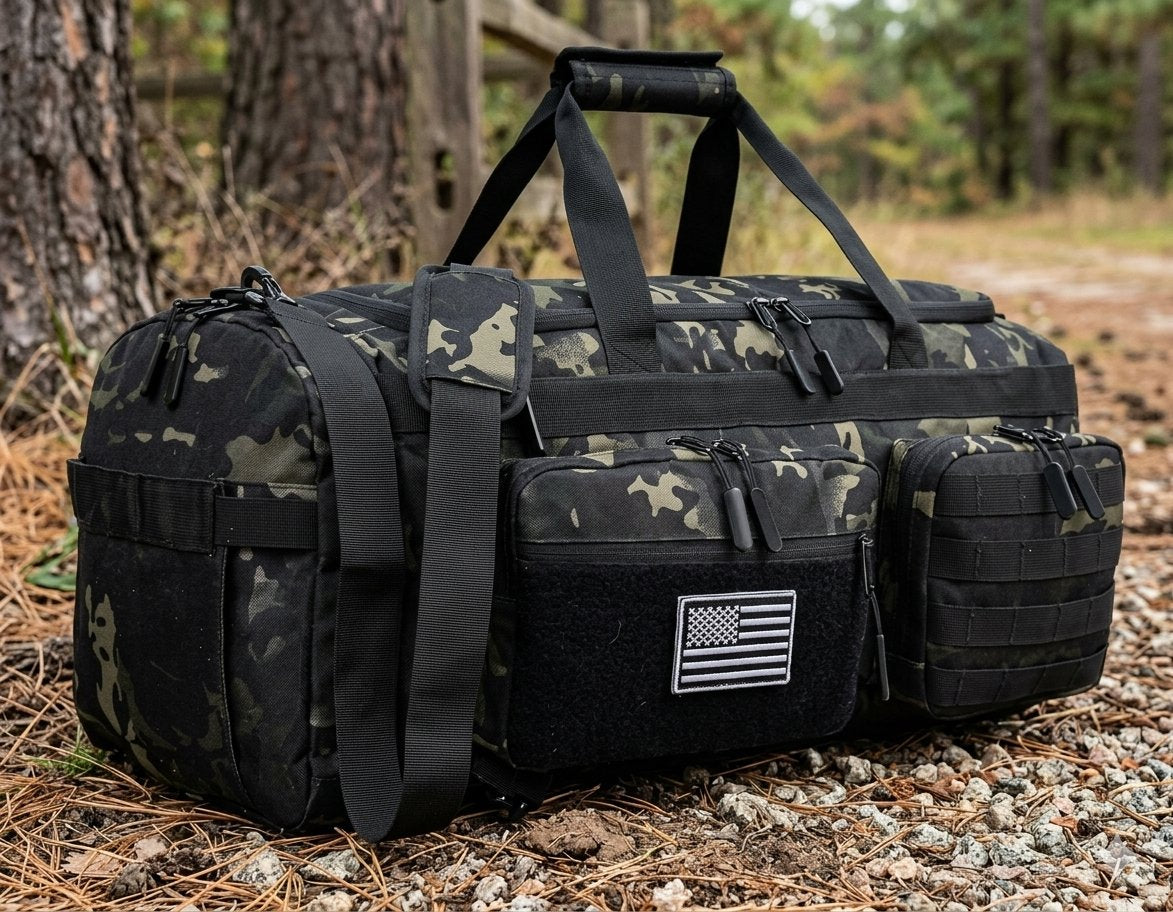 A tactical duffel bag in a black and green camouflage pattern, sitting on a gravel path outdoors with trees in the background. The bag features multiple zippered compartments, a black shoulder strap, a top carry handle, and a black American flag patch on the front pocket. big green bear biggreenbear.com