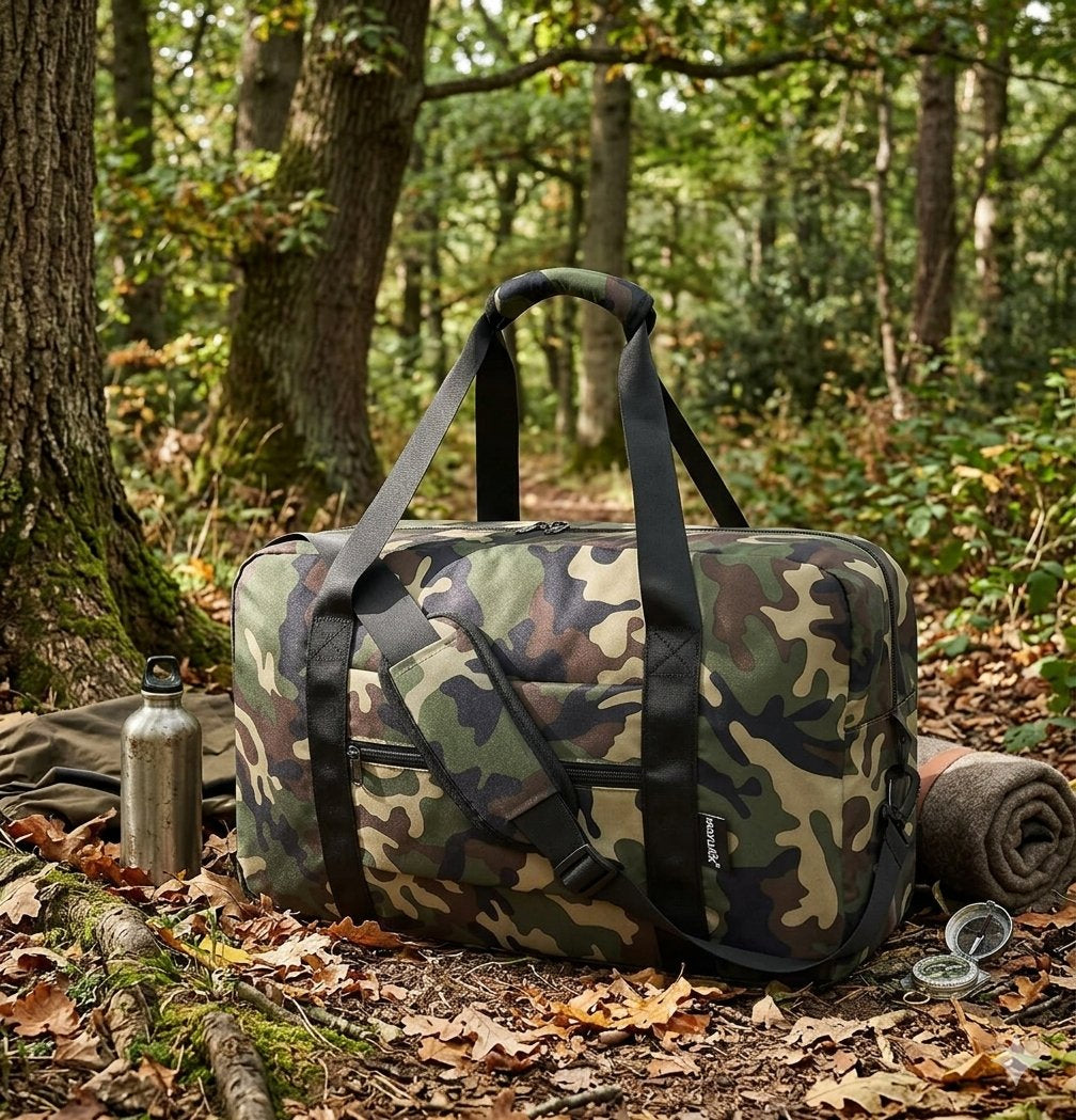 A camouflage duffel bag with black handles and straps sits on a forest floor surrounded by leaves, with a water bottle, blanket, and rolled towel nearby. big green bear biggreenbear.com
