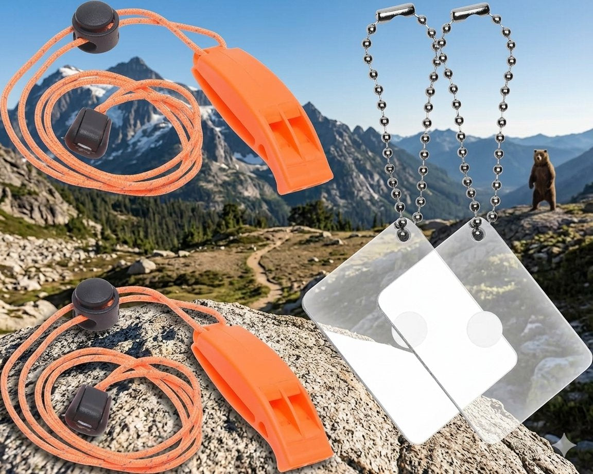 Outdoor emergency preparedness set featuring two orange whistle paracord lanyards with black snap buttons and two clear ID tags on silver ball chains, shown against a mountain trail background with a bear silhouette. big green bear