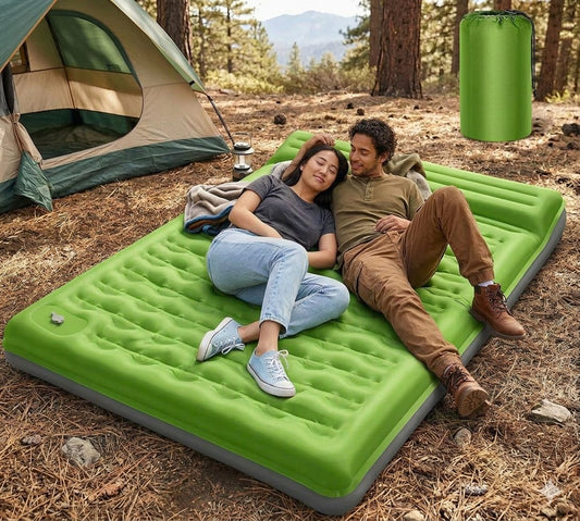 Young couple relaxing on a blue double camping sleeping pad inside a tent at an outdoor forest campsite with a matching blue storage bag nearby. big green bear biggreenbear.com
