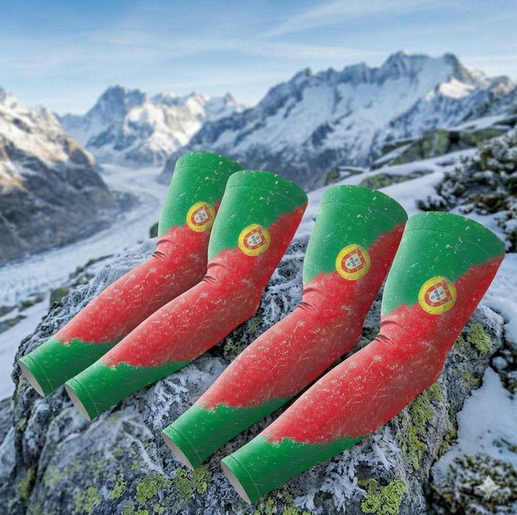 Four red and green arm warmers with the Portuguese flag emblem, displayed on a snowy mountain rock with a mountain range in the background. big green bear biggreenbear.com