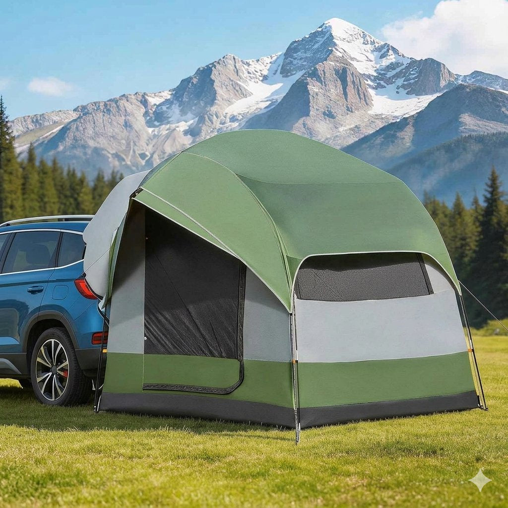 A green and gray dome camping tent pitched on grass next to a blue SUV, with a mountain landscape and pine trees in the background. big green bear biggreenbear.com