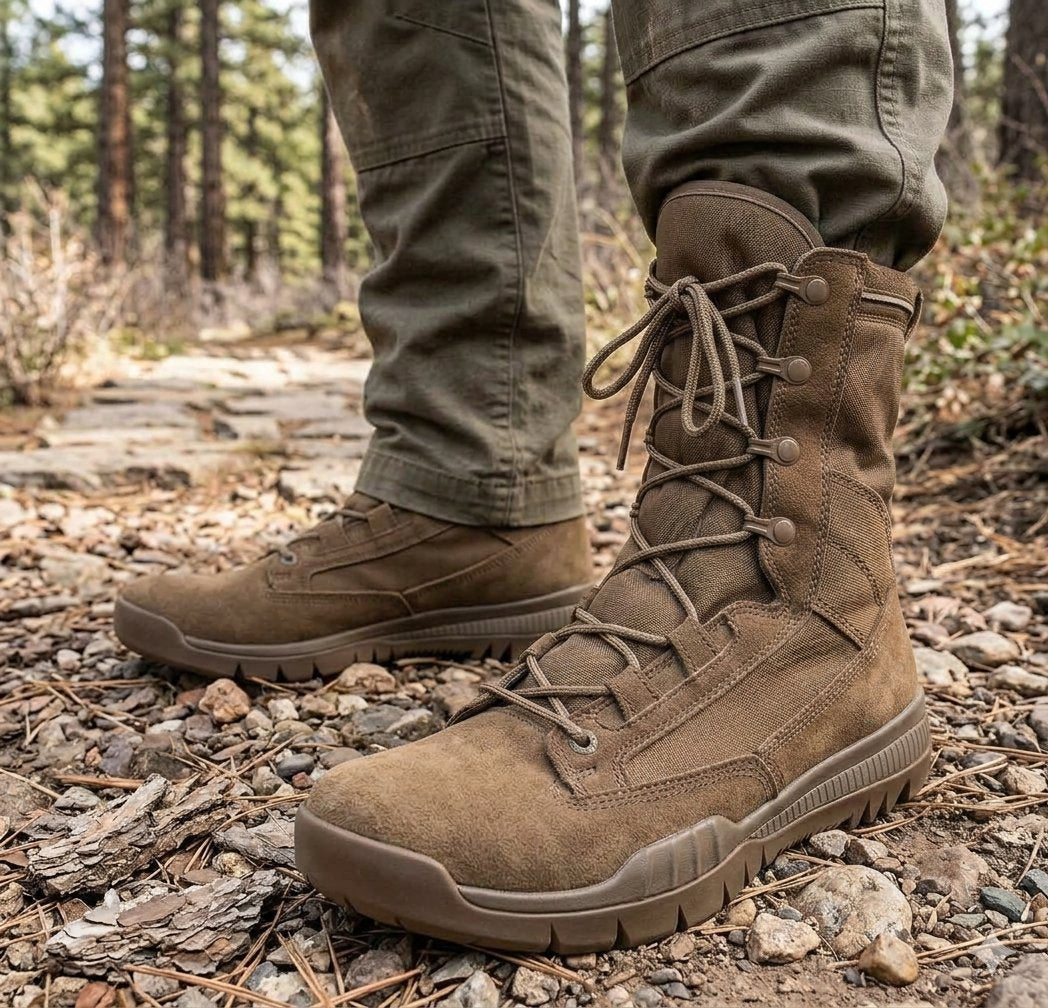 A pair of rugged tan lace-up tactical boots worn with olive drab pants on a rocky forest trail. big green bear