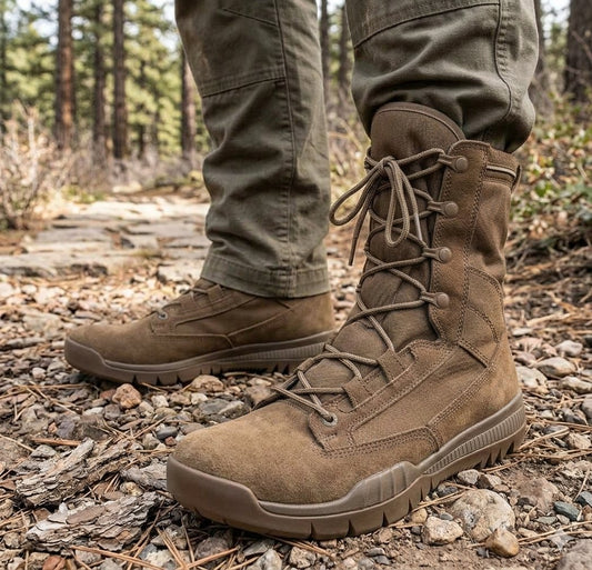 A pair of rugged tan lace-up tactical boots worn with olive drab pants on a rocky forest trail. big green bear