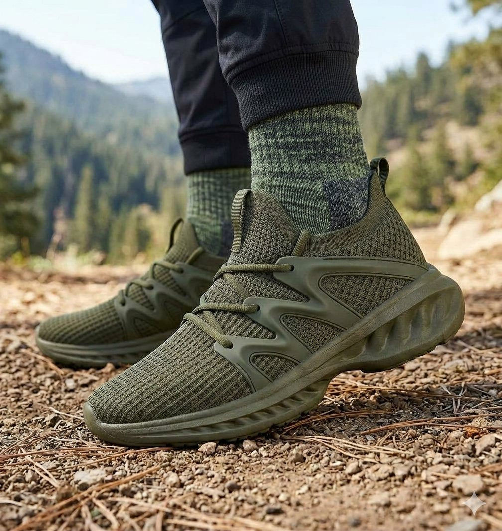 Olive green athletic sneakers worn with matching knit socks and dark pants, shown outdoors on a gravel path with a blurred mountain forest background. big green bear