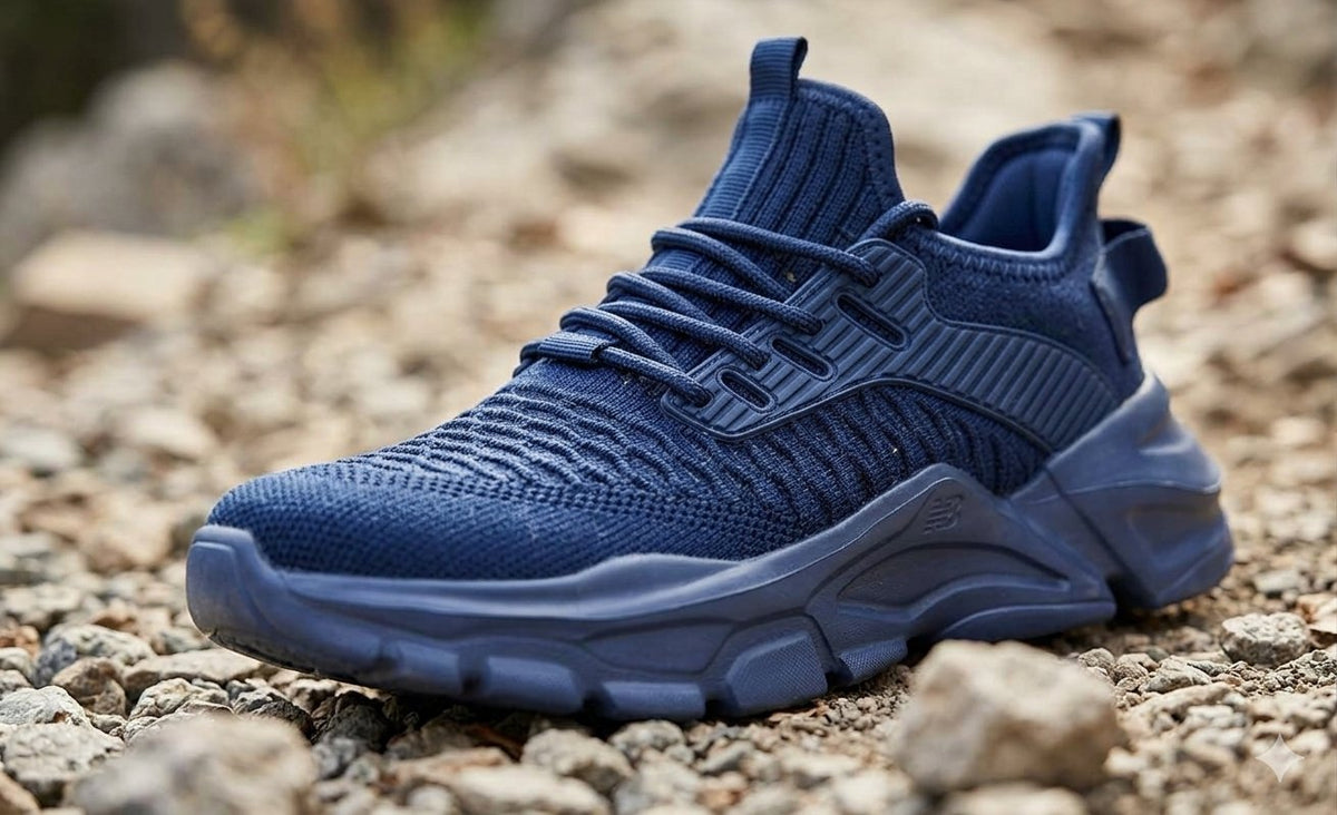 A single navy blue athletic sneaker with a textured knit upper and chunky sole, resting on a gravel path outdoors.
