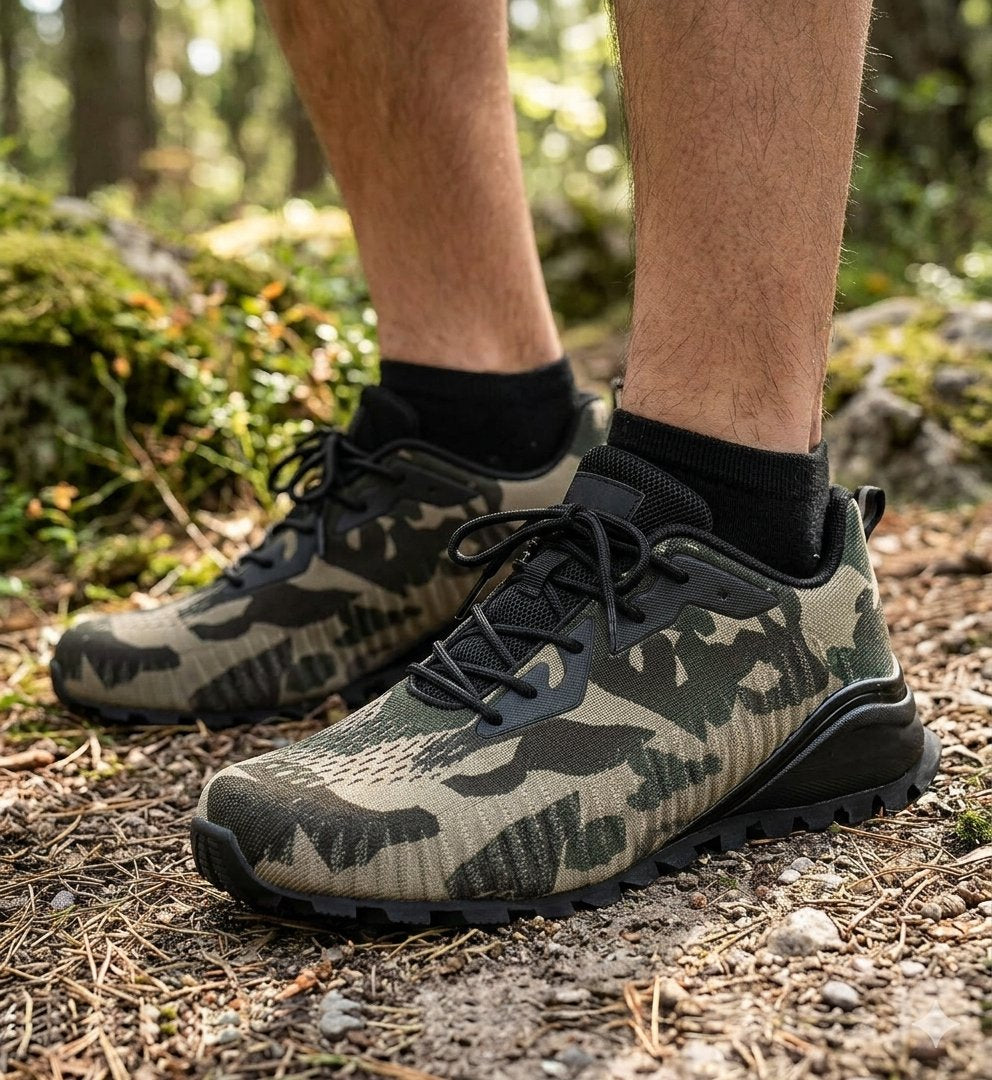 A pair of camouflage knit trail running shoes worn with black socks on a forest trail. big green bear biggreenbear.com