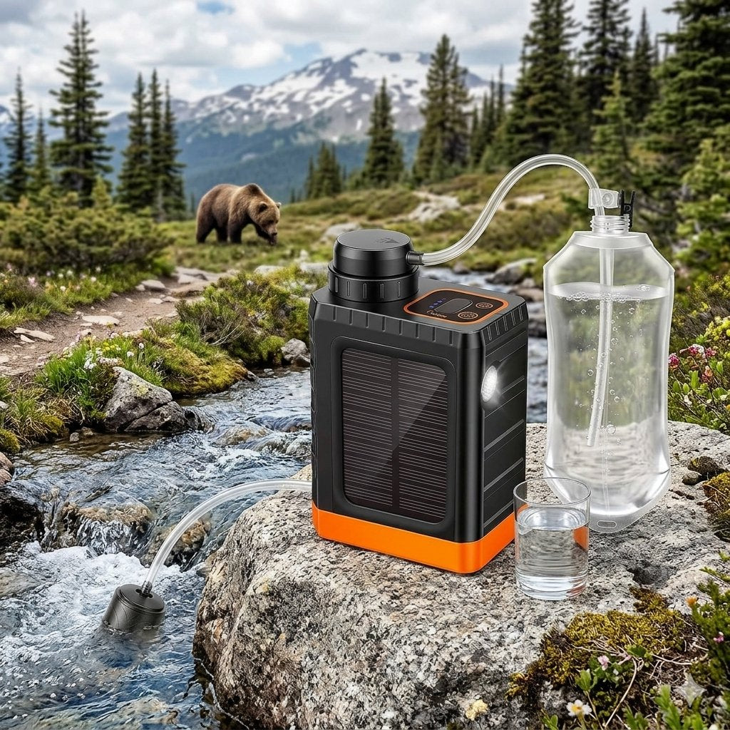 A portable solar water pump and reservoir system shown outdoors on a rock beside a stream, with a bear and mountains in the background. The product includes a black and orange pump unit, a clear water bottle reservoir, a small clear cup, and tubing. big green bear biggreenbear.com