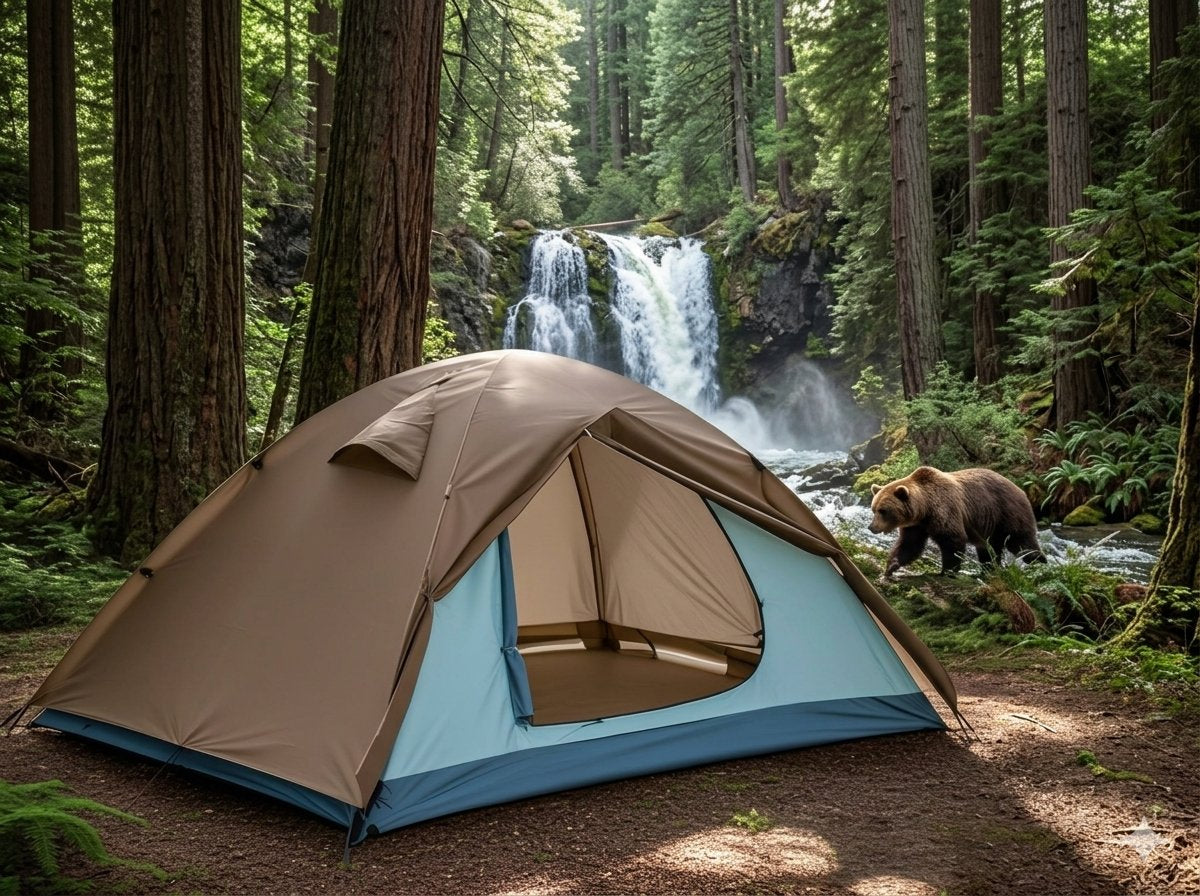 A dome-style camping tent in brown and light blue is pitched on a forest clearing with a waterfall and a bear visible in the background among tall trees. big green bear biggreenbear.com
