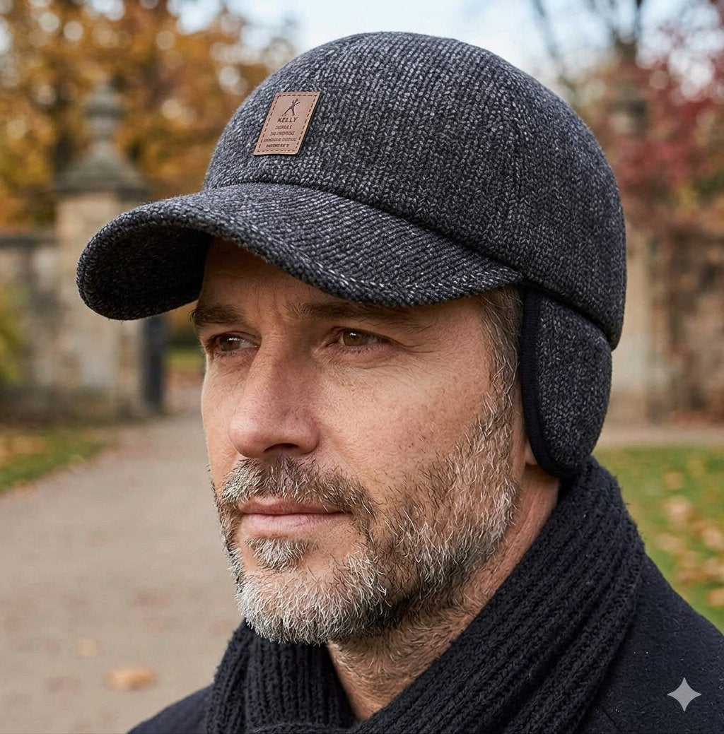 Close-up profile of a man outdoors wearing a dark gray textured wool winter baseball cap with integrated earflaps deployed over his ears and a matching black knit scarf. big green bear biggreenbear.com