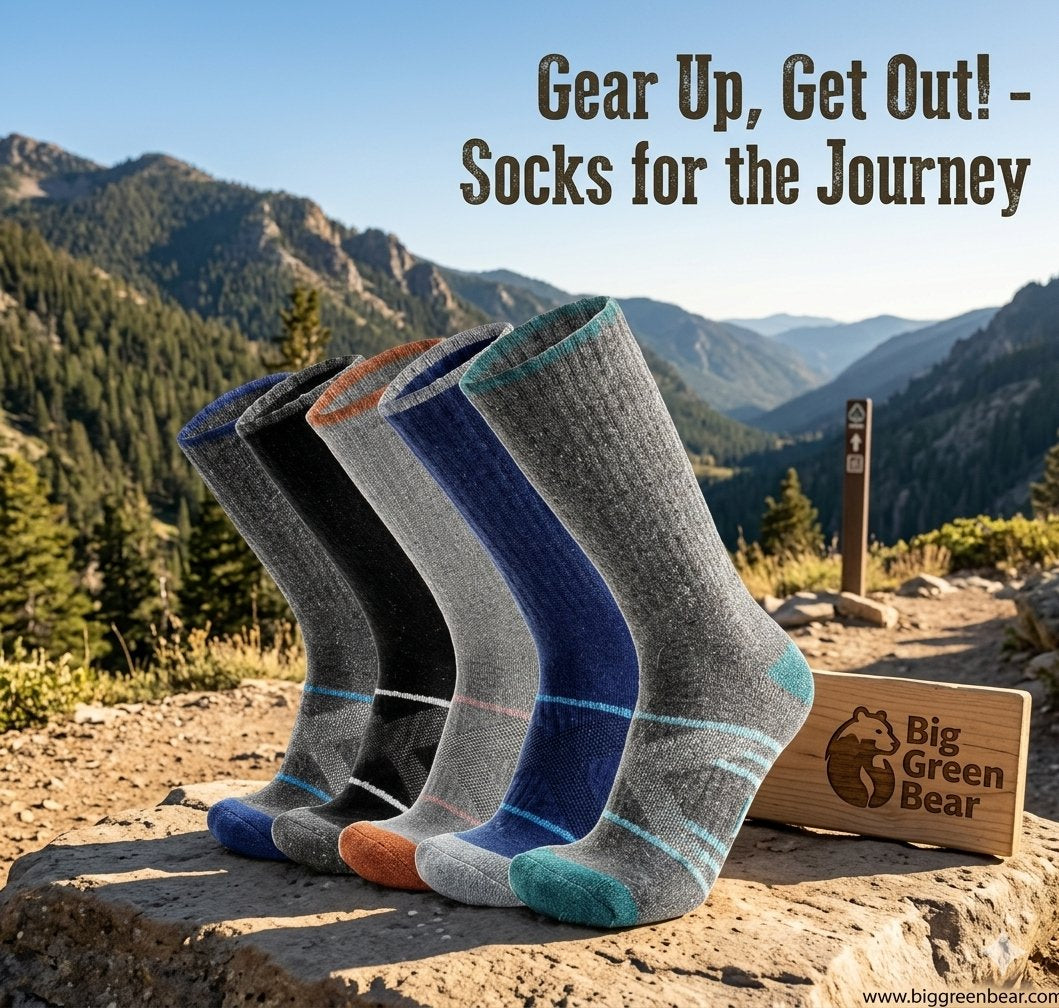 Four pairs of hiking socks displayed on rocks in a mountain landscape, with the text 'Gear Up, Get Out! - Socks for the Journey' and a wooden Big Green Bear logo block.