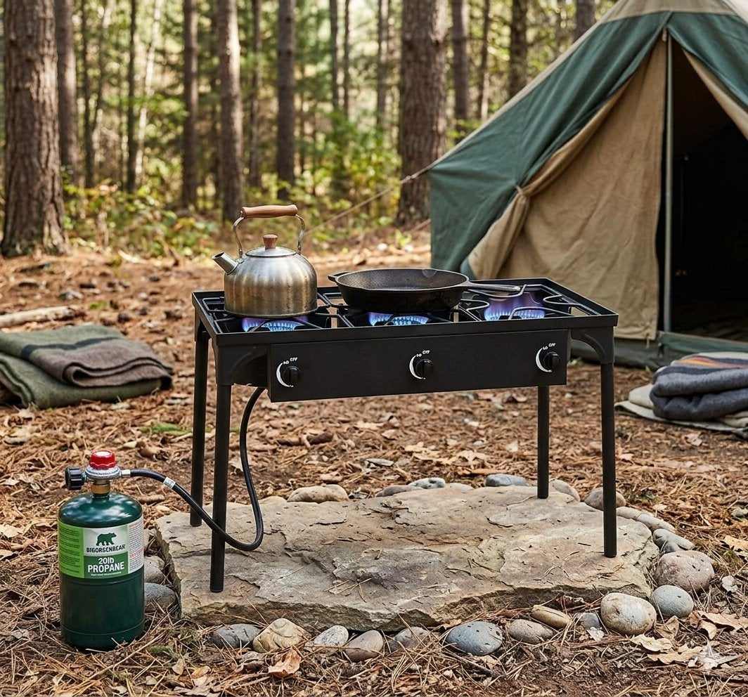 A black metal camp stove with two burners and blue flames is set up outdoors in a forest campsite next to a green tent. A silver kettle and a black frying pan sit on the stove, and a green propane tank is connected on the left.
