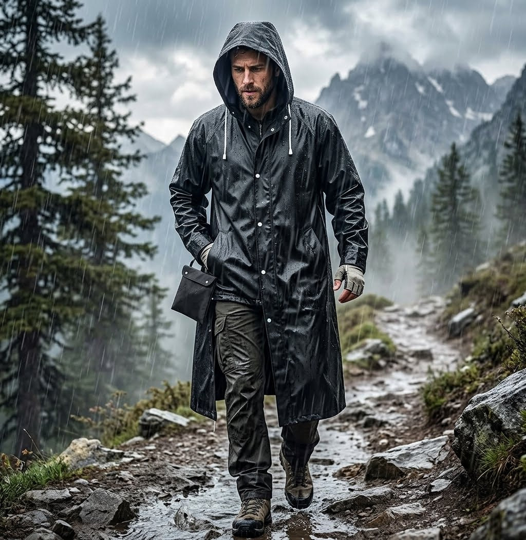 Men's Long Waterproof Raincoat | Hooded Hiking Jacket