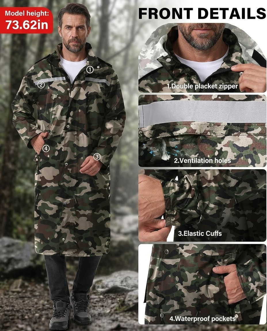 A man wearing a long camouflage raincoat in an outdoor forest setting, with inset detail panels showing the front construction: double placket zipper, ventilation holes, elastic cuffs, and waterproof pockets. Text on the image includes 'Model height: 73.