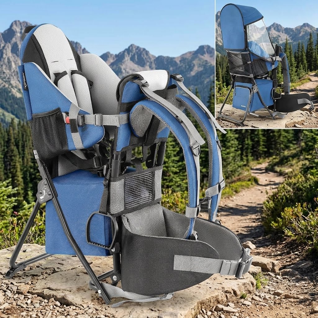 A blue and gray outdoor baby carrier seat with a mesh canopy and front storage tray, shown on a mountain trail with a small inset image in the top right showing the same carrier against a forested hillside. big green bear biggreenbear.com