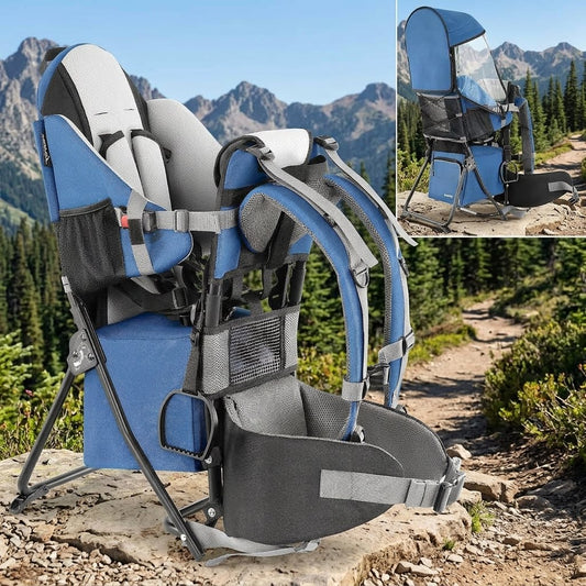 A blue and gray outdoor baby carrier seat with a mesh canopy and front storage tray, shown on a mountain trail with a small inset image in the top right showing the same carrier against a forested hillside. big green bear biggreenbear.com