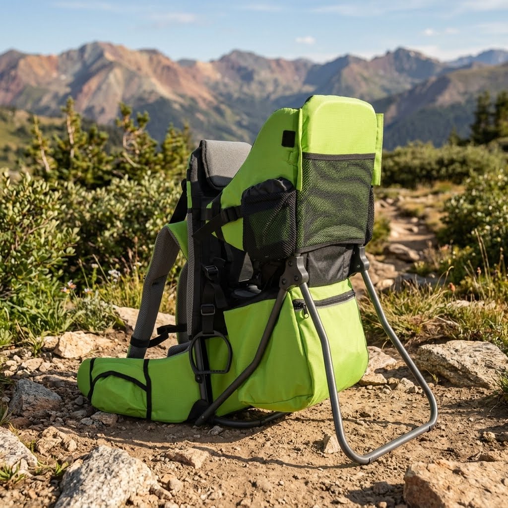 A bright lime green and black hiking backpack with a built-in child seat and shoulder straps, set on a rocky mountain trail with a scenic mountain range in the background. big green bear biggreenbear.com