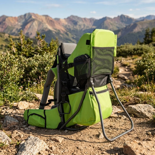 A bright lime green and black hiking backpack with a built-in child seat and shoulder straps, set on a rocky mountain trail with a scenic mountain range in the background. big green bear biggreenbear.com