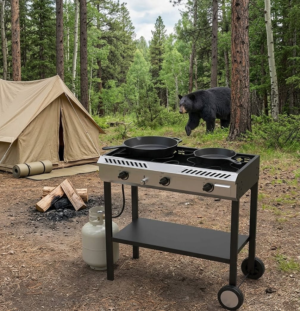 Close-up of a high-efficiency blue flame burner with an inset dial knob alongside meal panels of roasted chicken, soup, barbecue, and french fries. 