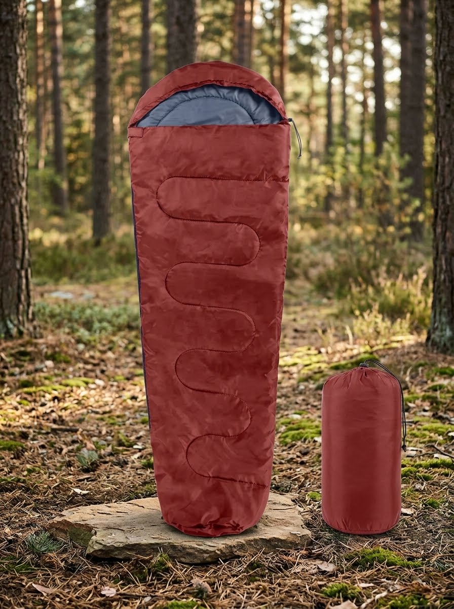 A red sleeping bag with a gray hood is displayed upright on a stone in a forest, with its matching red stuff sack standing beside it.