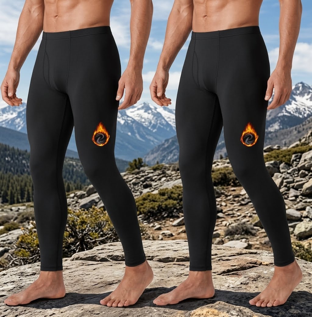 Two cropped male models standing outdoors on a rocky mountain landscape, wearing black full-length compression-style leggings with a small orange and yellow flame graphic on the upper thigh. big green bear biggreenbear.com