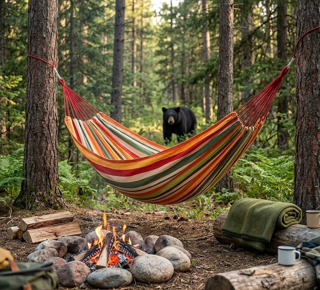 A striped camping hammock in red, orange, green, and cream hangs between two trees in a forest, with a campfire, logs, and a rolled green towel nearby. A black bear is visible in the background among the trees. big green bear biggreenbear.com