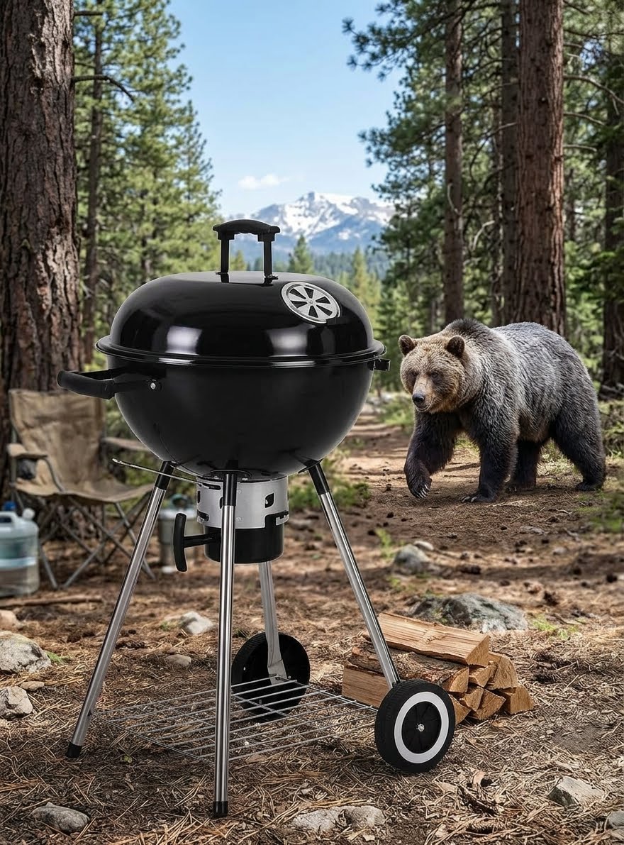 A black kettle-style charcoal grill with a silver tripod stand and wheels, set in a forest clearing with a brown bear walking in the background and mountains visible behind the trees. big green bear biggreenbear.com