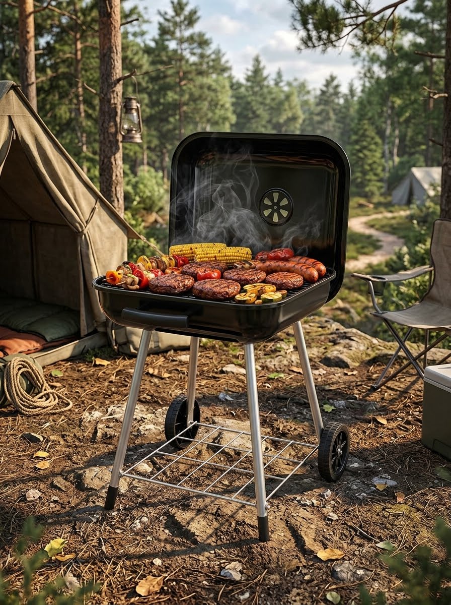 A black charcoal grill with silver legs is set up outdoors in a campsite setting, cooking burgers, sausages, and corn on a forest clearing with a tent and trees in the background. big green bear biggreenbear.com