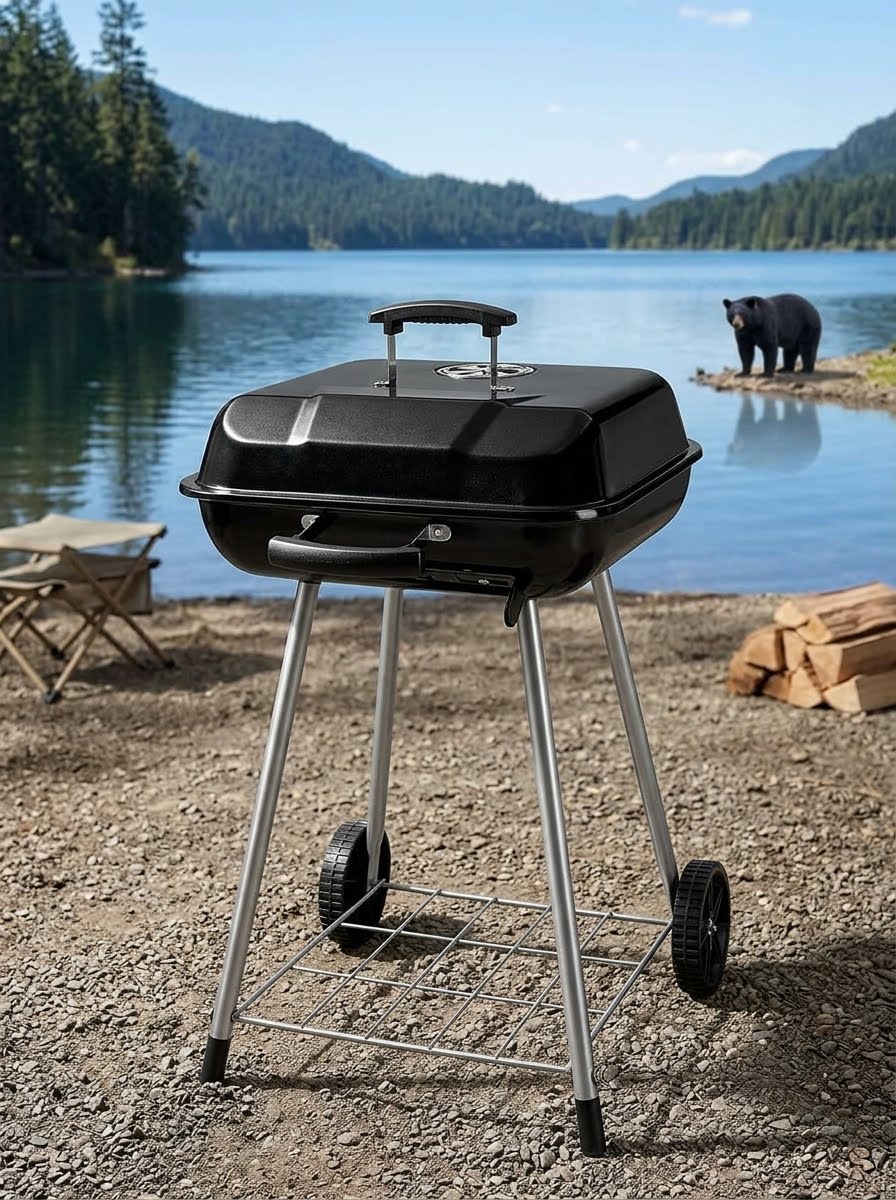 A black kettle-style charcoal grill with a silver metal stand and wheels, set outdoors on a gravel shore next to a lake with mountains and a bear in the background. big green bear biggreenbear.com