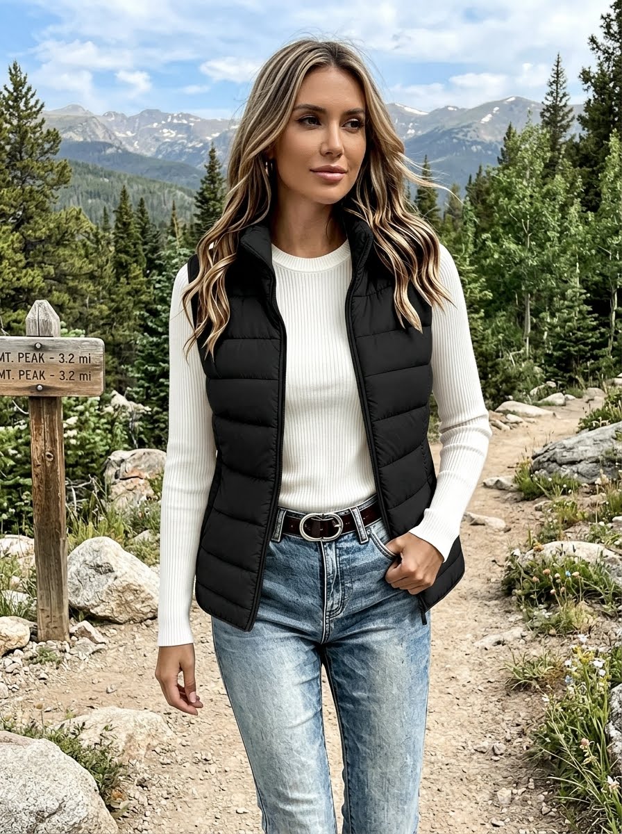 A woman standing outdoors on a mountain trail wearing a black puffer vest over a white ribbed long-sleeve top and blue jeans, with mountains and trees in the background. big green bear