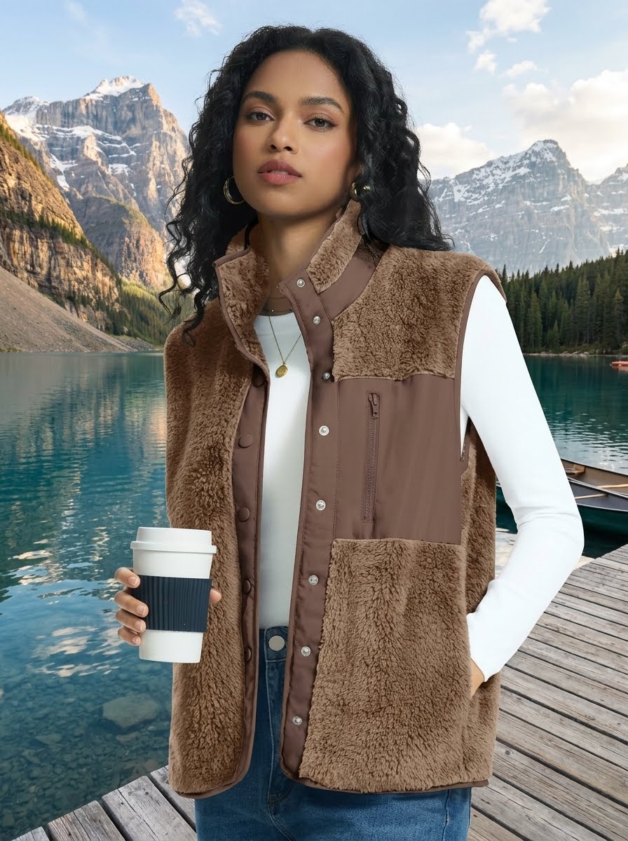 A woman stands on a wooden dock holding a takeaway coffee cup, wearing a brown sherpa-lined button-front vest over a white long-sleeve top and blue jeans, with a scenic mountain lake in the background. big green bear