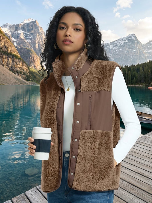A woman stands on a wooden dock holding a takeaway coffee cup, wearing a brown sherpa-lined button-front vest over a white long-sleeve top and blue jeans, with a scenic mountain lake in the background. big green bear
