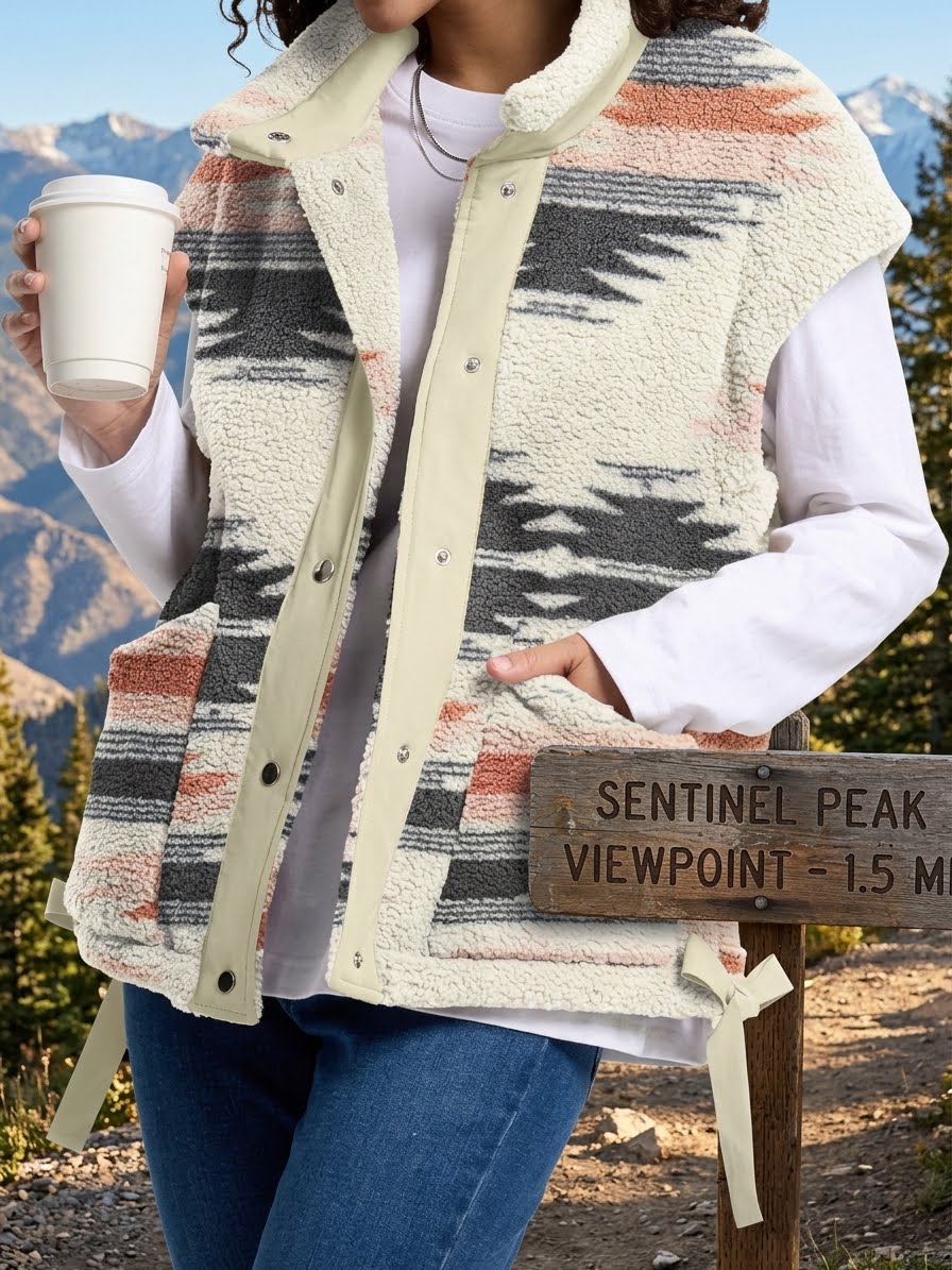 A person outdoors wearing a sleeveless sherpa vest with a Southwestern-style geometric pattern in cream, black, gray, and terracotta, layered over a white long-sleeve shirt and blue jeans. The person holds a white coffee cup near a wooden 'Sentinel Peak Viewpoint' sign, with mountains in the background. biggreenbear.com