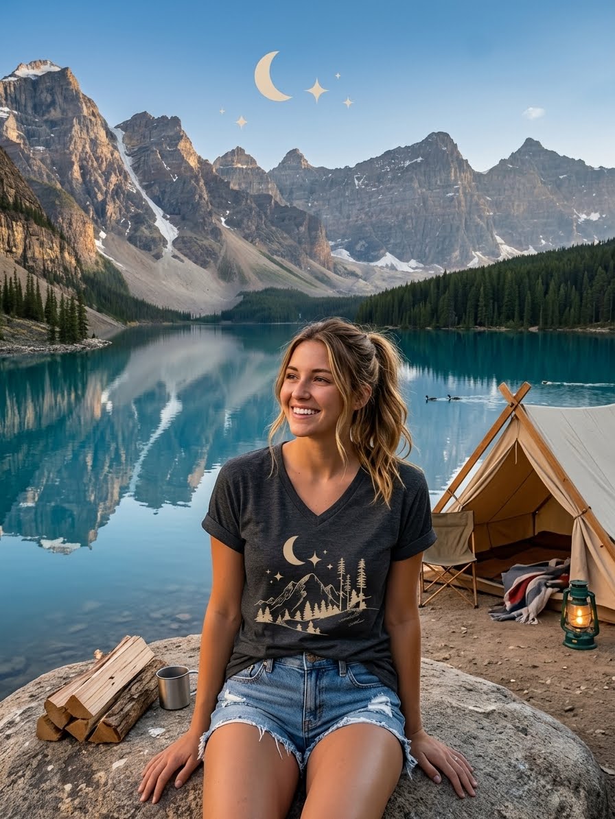 A woman sits on a large rock in front of a turquoise mountain lake, wearing a dark gray graphic t-shirt with a moon and stars forest design. To her right is a canvas camping tent with a lantern, and the background features majestic rocky mountains reflecting in the water.