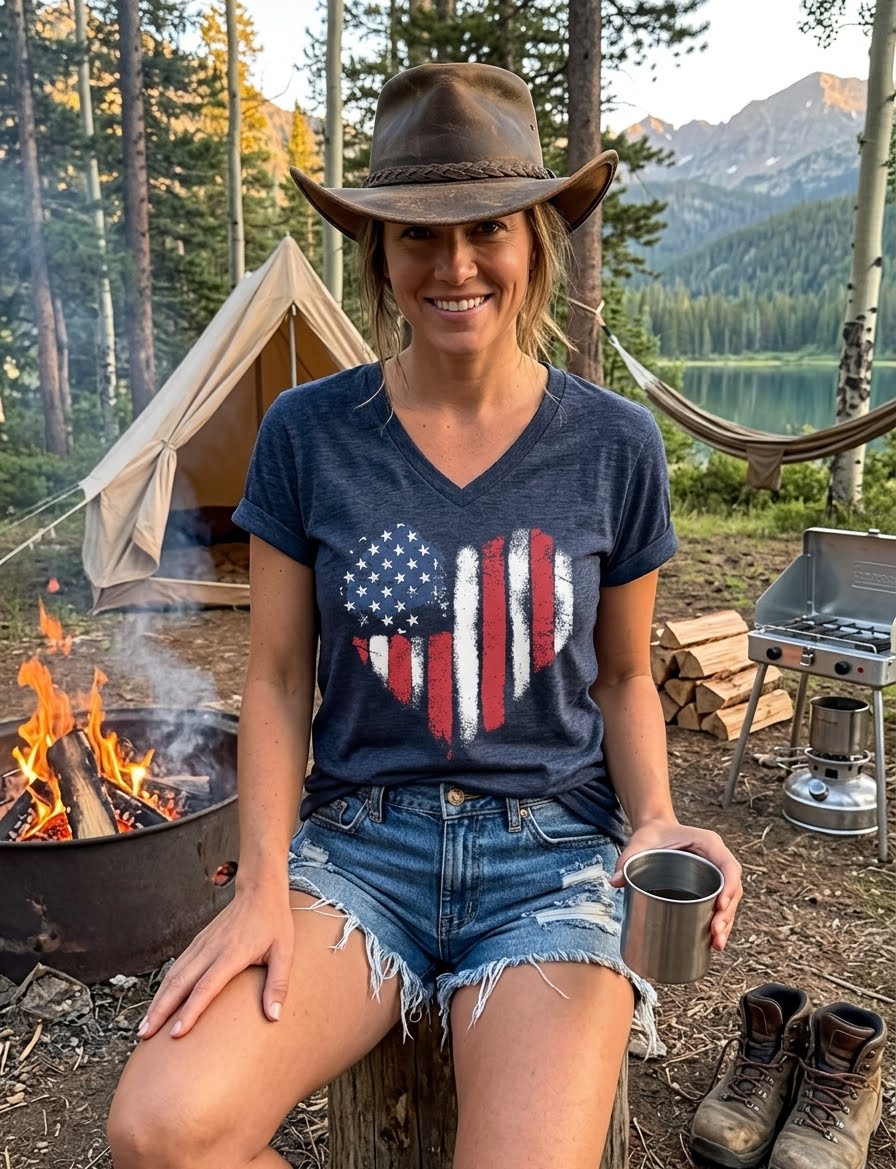 A woman wearing a brown cowboy hat and denim shorts sits at a campfire in a forest setting, wearing a navy blue t-shirt with a distressed American flag heart graphic. A canvas tent, mountains, and a lake are visible in the background. big green bear biggreenbear.com