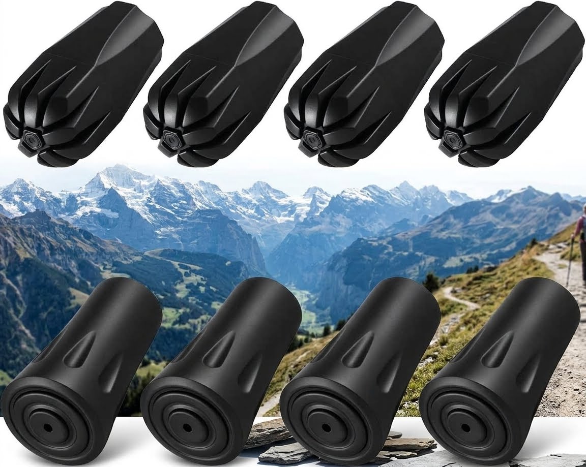 Six black bicycle handlebar grips arranged in two rows over a mountain landscape background. The top row shows the grips from above, and the bottom row shows them from the side. big green bear biggreenbear.com