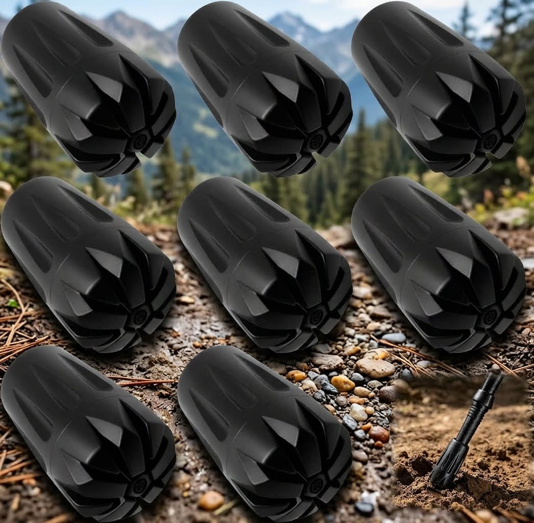 Eight black outdoor gear accessories arranged in a grid over a mountain and forest landscape, with a small black tool shown in the lower right on rocky ground. big green bear biggreenbear.com