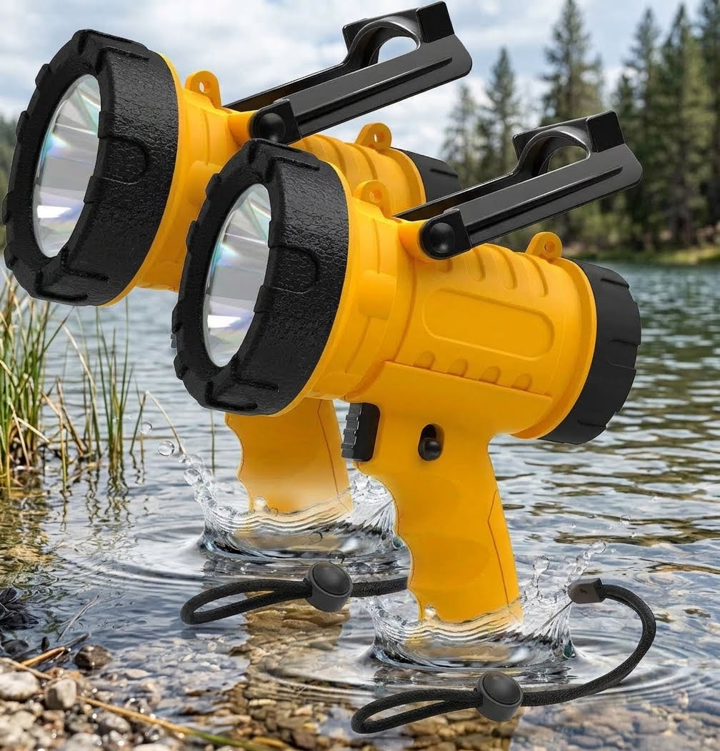 Two yellow and black waterproof tactical flashlights standing in shallow water outdoors, with trees and rocks visible in the background. big green bear biggreenbear.com