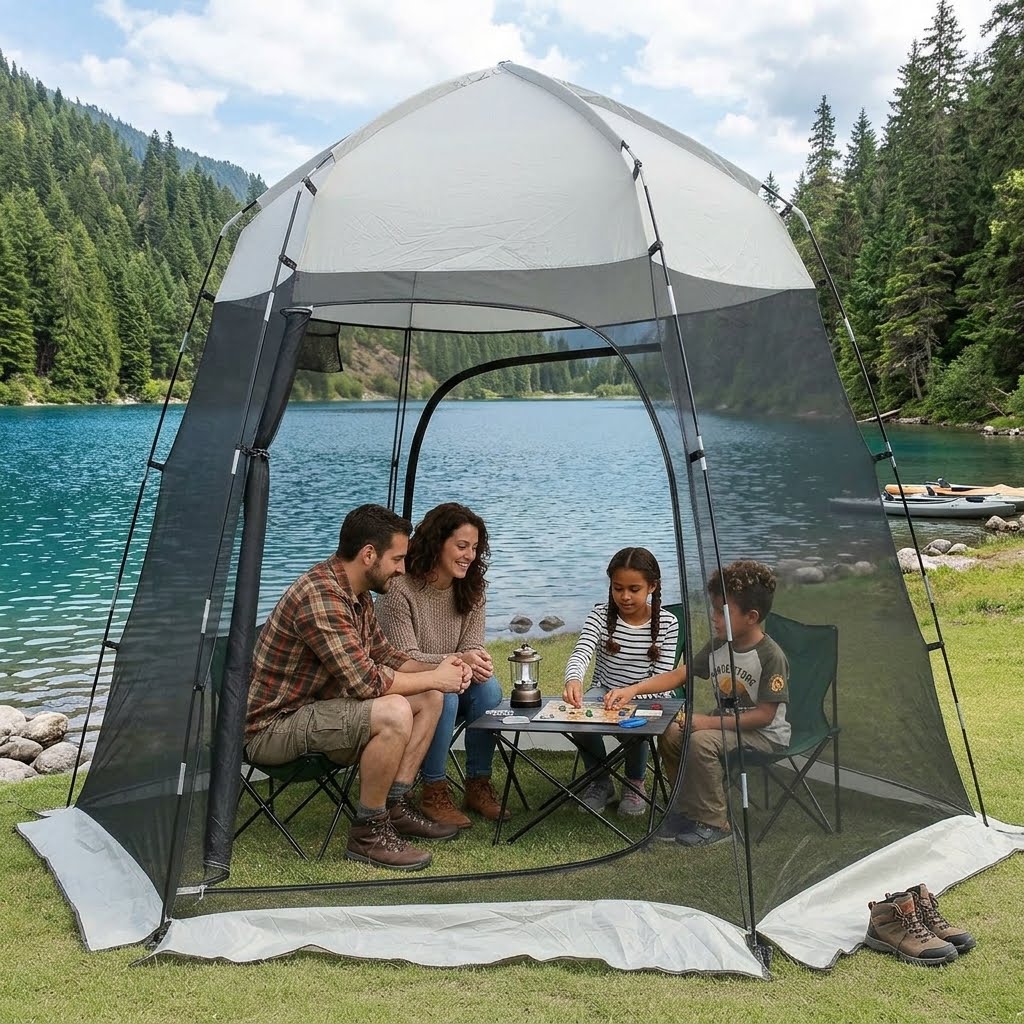 A family of four is camping under a large, dome-shaped mesh tent with a white roof and gray walls, set up on a grassy lawn next to a scenic lake with pine trees in the background. big green bear biggreenbear.com
