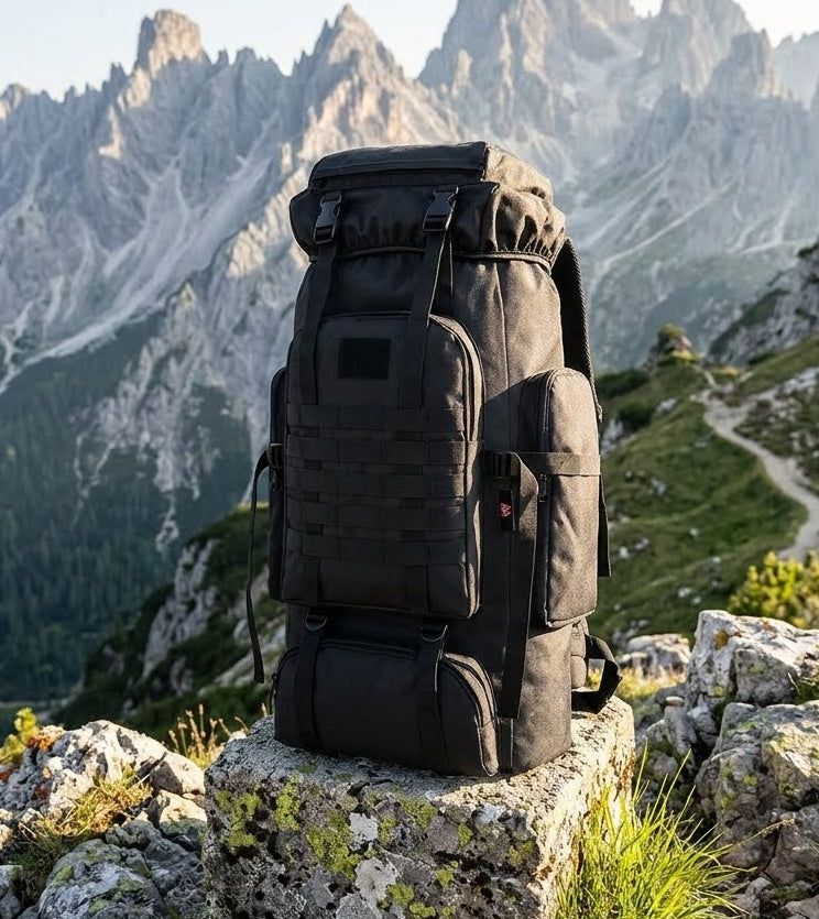 A large black technical backpack stands on a rocky mountain ledge with a dramatic alpine mountain range in the background. big green bear biggreenbear.com