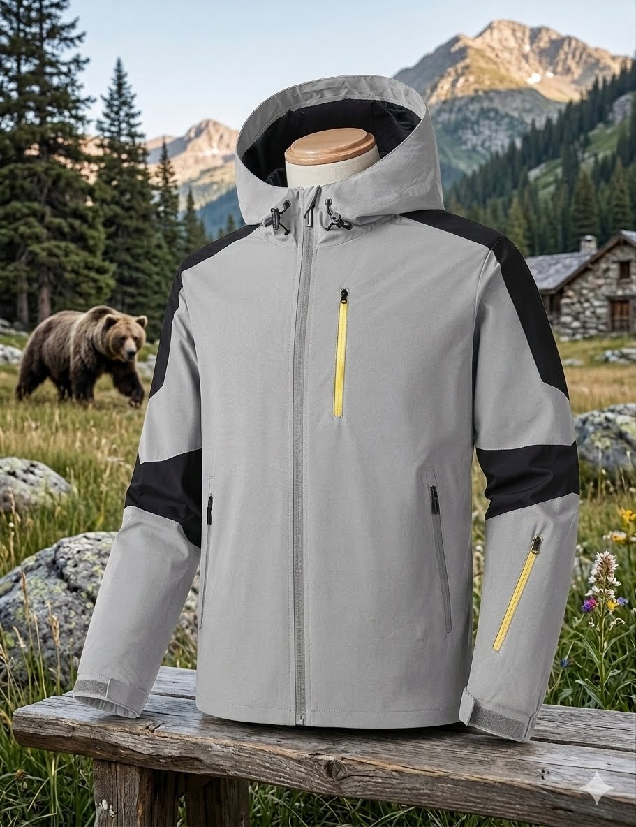 Gray and black jacket with yellow zipper on a wooden bench in a mountainous landscape with a bear and cabin. Biggreenbear.com