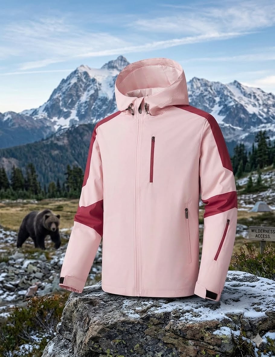 Pink and red jacket on a rock with a mountain and bear in the background