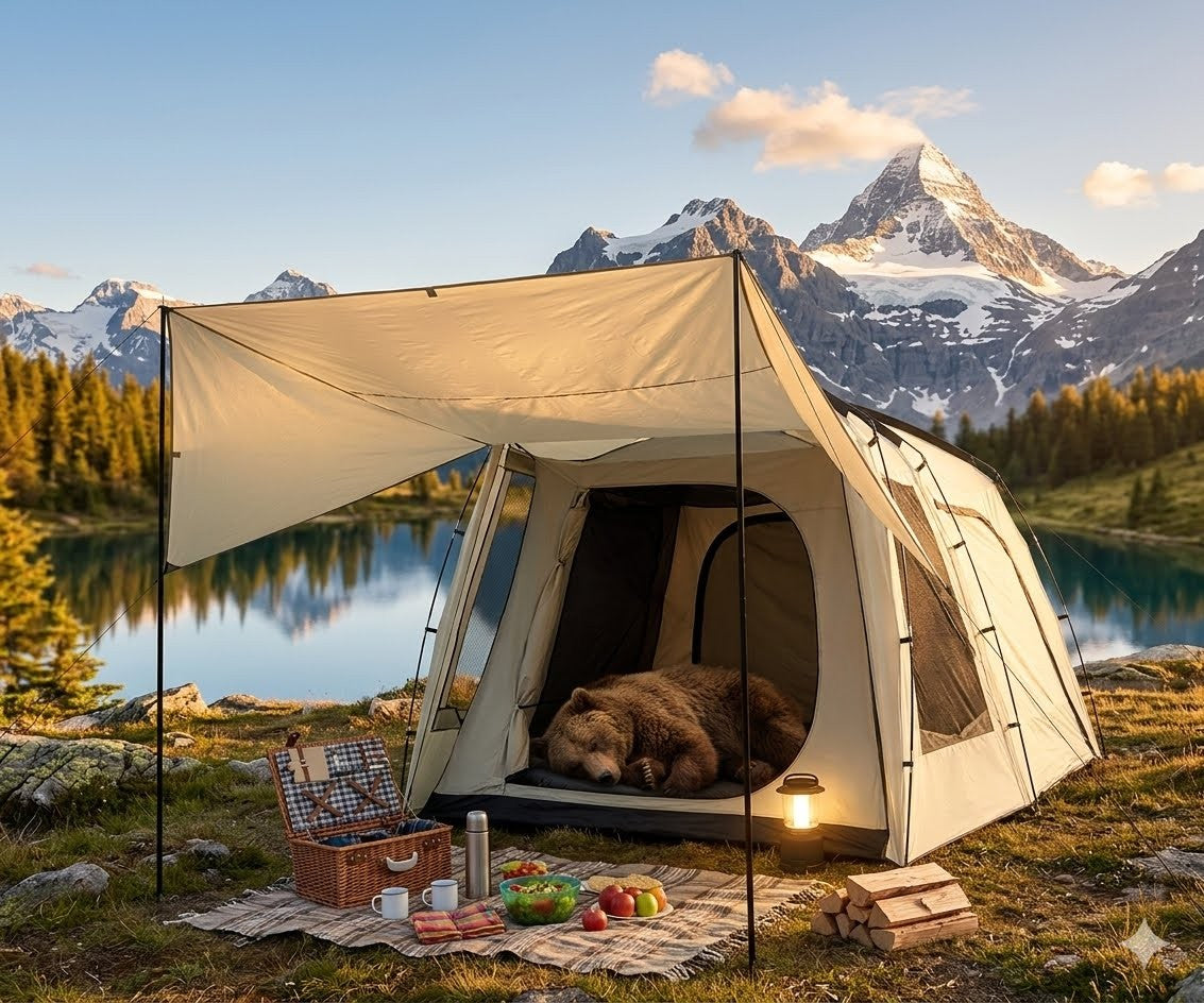 Camping scene with a tent, picnic setup, and bear near a mountain lake.