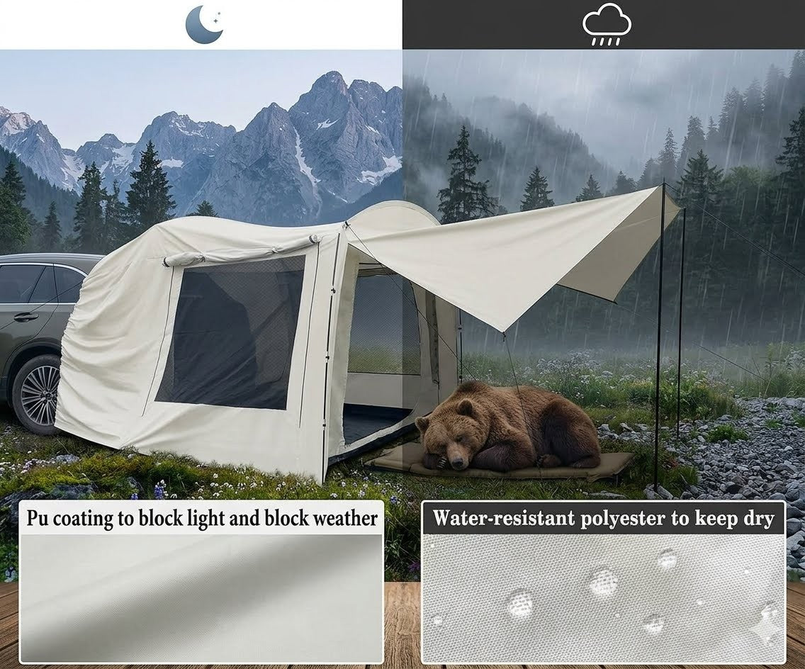 Portable camping shelter with bear sleeping outdoors, mountain and forest background