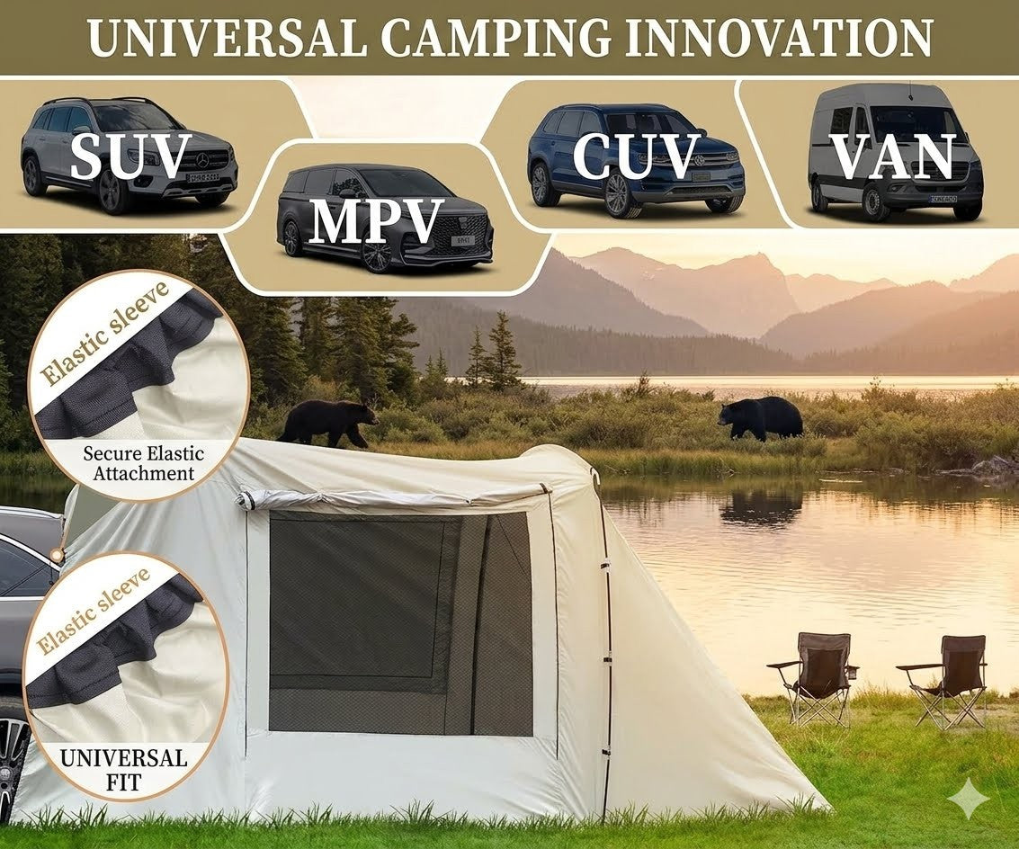 Camping innovation product with SUV, CUV, and Van illustrations and a scenic lake background.