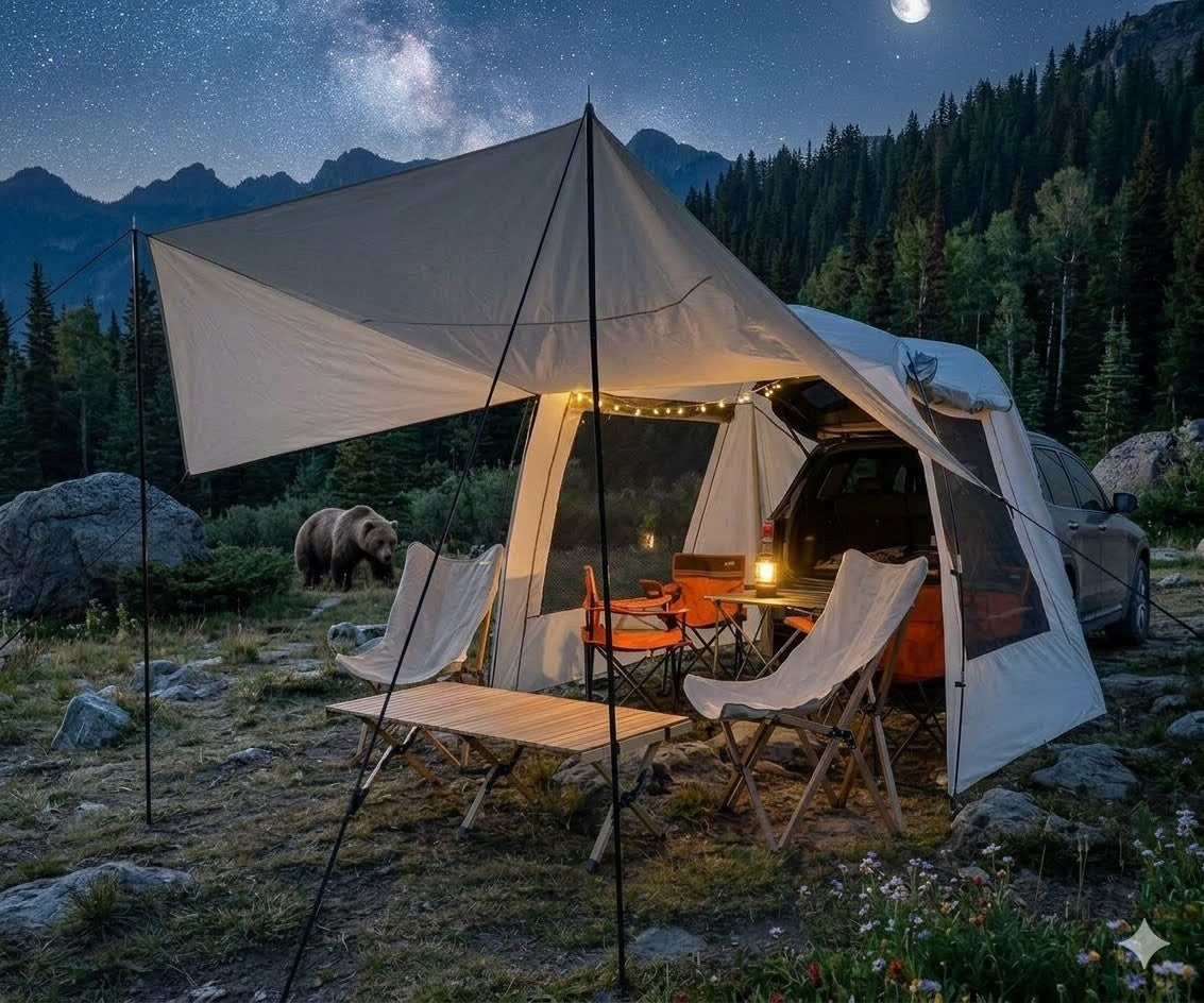 Camping setup with a tent, chairs, and a car in a mountainous area under a starry sky.