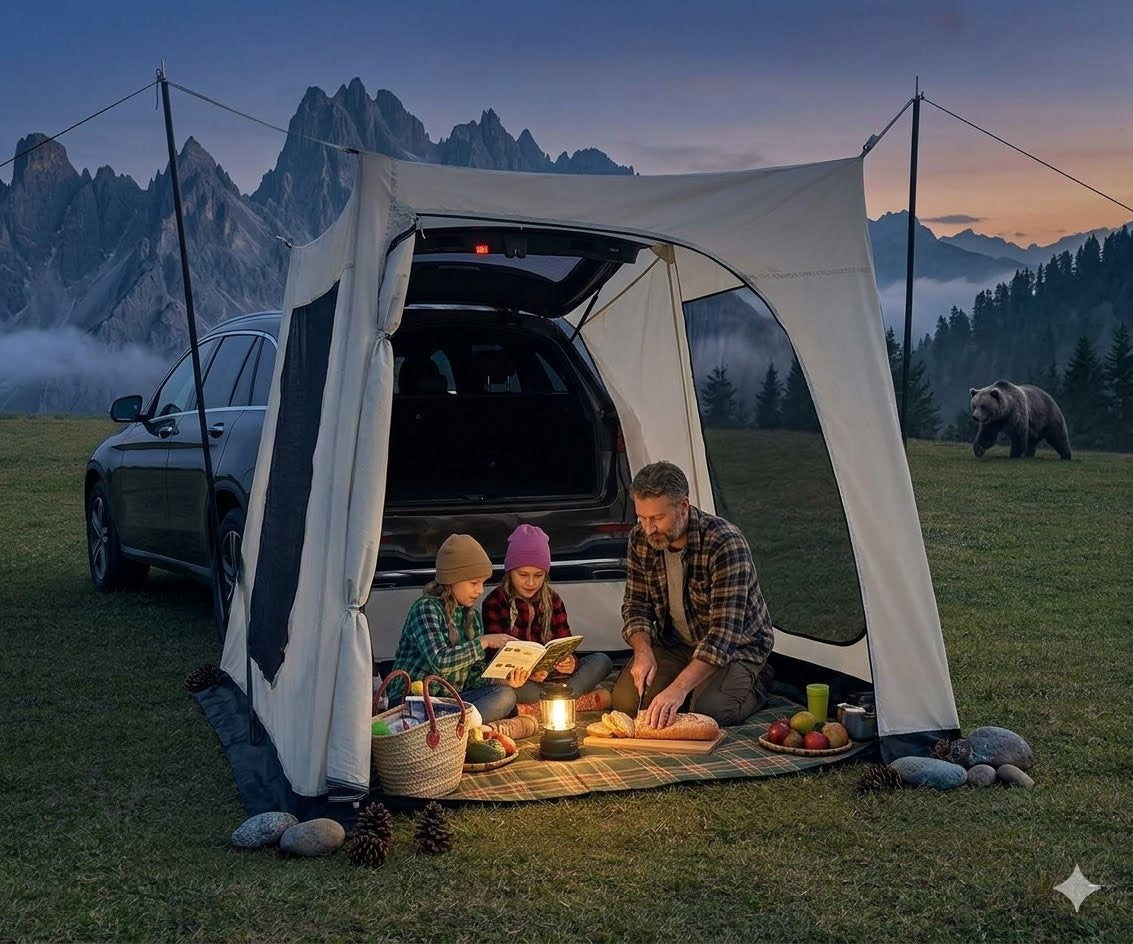 Family camping in a mountainous area with a tent and car setup.